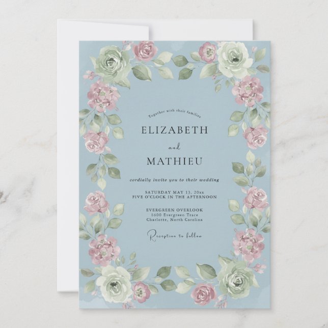 Invitación Boda de peonía suave rosa y aciano (Anverso)
