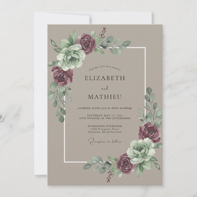 Invitación Boda de Peonía Taupe (Anverso)