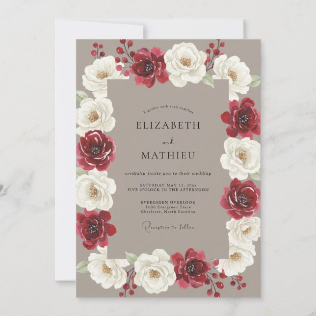 Invitación Boda de peonía taupe borgoña profunda (Anverso)