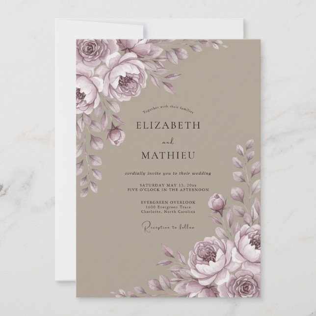 Invitación Boda de Peonía Taupe Malva (Anverso)