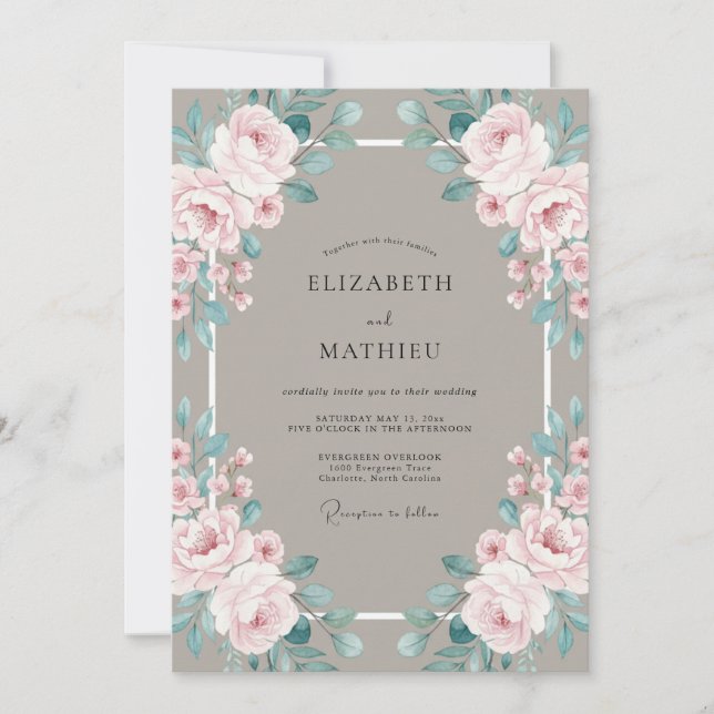 Invitación Boda de peonía taupe rubor (Anverso)