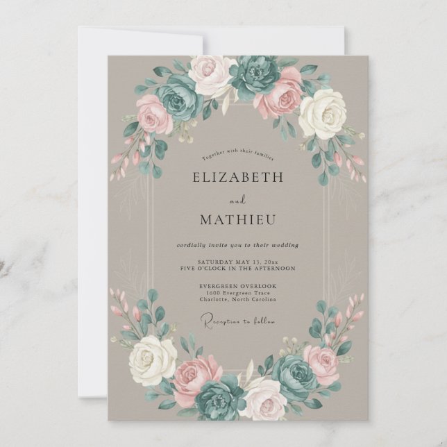Invitación Boda de peonía taupe silenciada (Anverso)