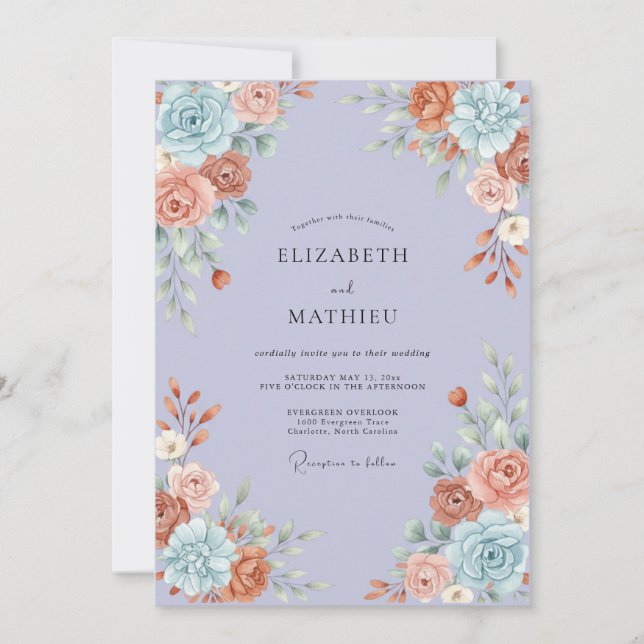 Invitación Boda de Peonía Terracota Periwinkle (Anverso)