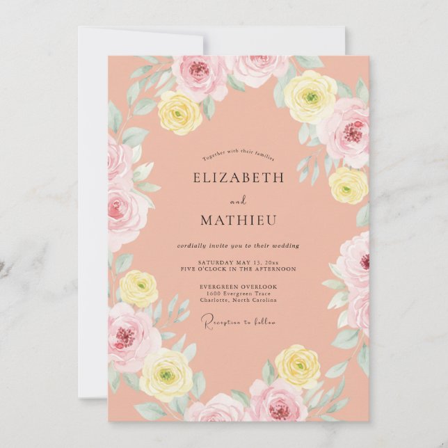 Invitación Boda de peonía terracota silenciada (Anverso)