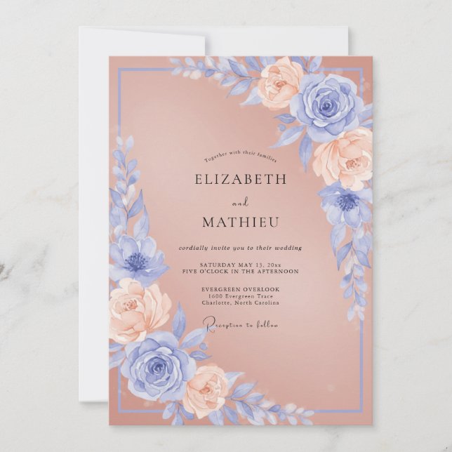 Invitación Boda de Peonía Terracota Suave Periwinkle (Anverso)