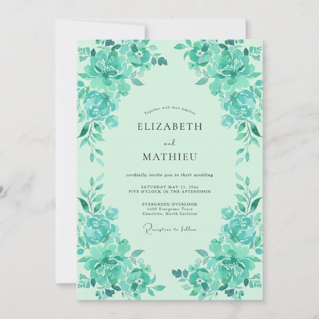 Invitación Boda de peonía turquesa espuma de mar (Anverso)