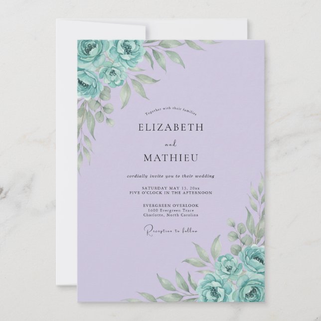 Invitación Boda de Peonía Turquesa Lila (Anverso)