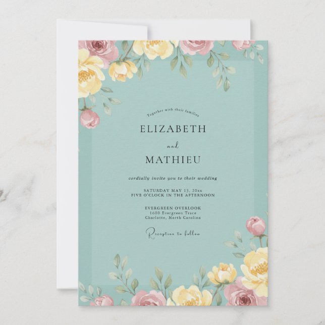 Invitación Boda de Peonía Turquesa Pálido (Anverso)