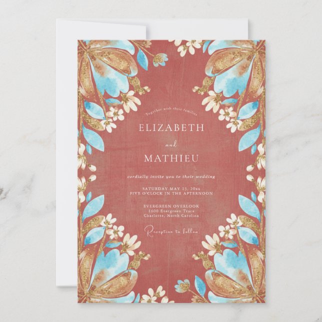Invitación Boda de Peonía Turquesa Terracota (Anverso)