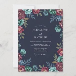 Invitación Boda de Peonía Verde Teal de Medianoche