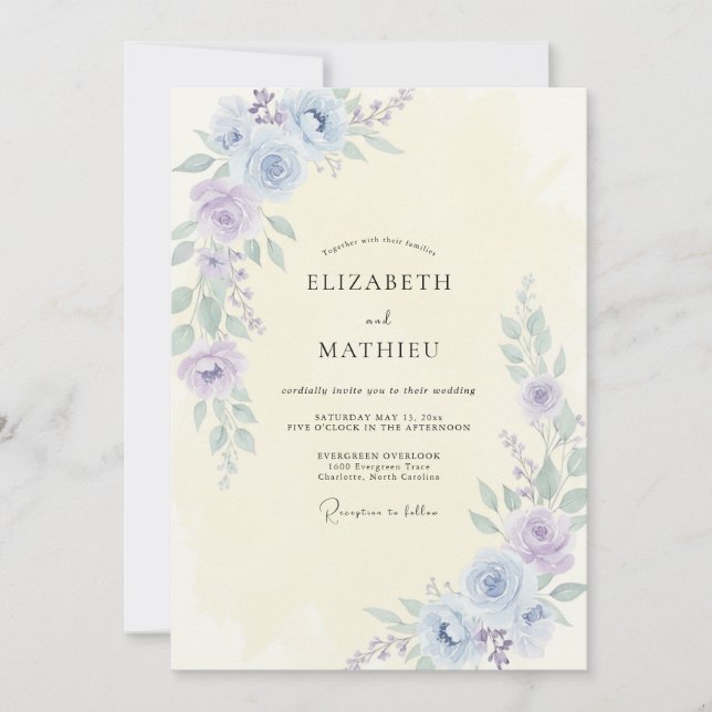 Invitación Boda de Peonía Vincapervinca Centaurea (Anverso)