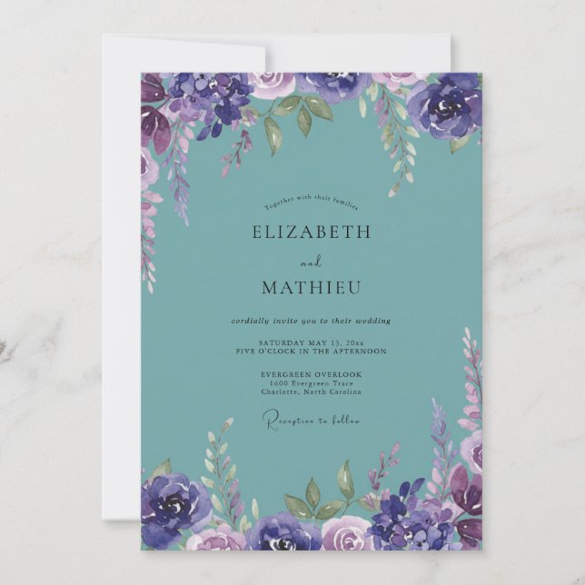 Invitación Boda de peonía violeta acuática (Anverso)