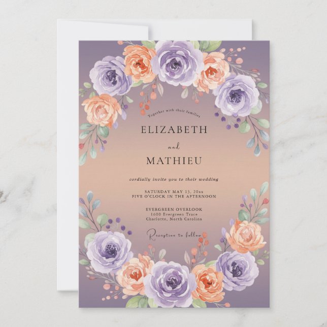 Invitación Boda de peonía violeta albaricoque (Anverso)