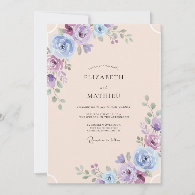 Invitación Boda de peonía violeta champán (Anverso)