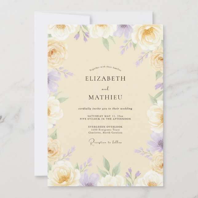 Invitación Boda de peonía violeta crema (Anverso)