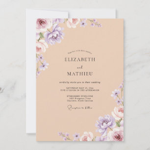 Invitación Boda de peonía violeta de champán dorado