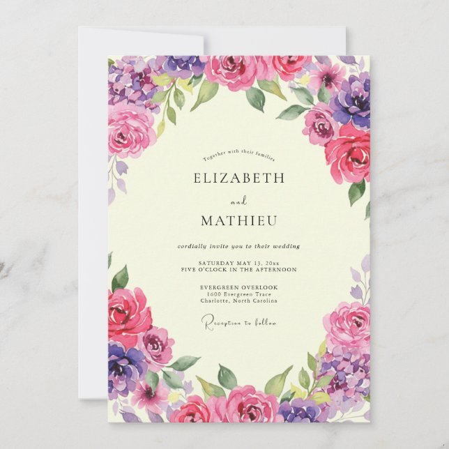 Invitación Boda de peonía violeta magenta (Anverso)