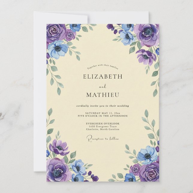 Invitación Boda de Peonía Violeta Periwinkle (Anverso)