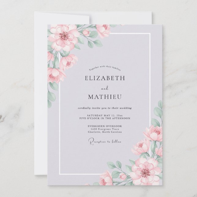 Invitación Boda de Peonía Violeta Plateado (Anverso)