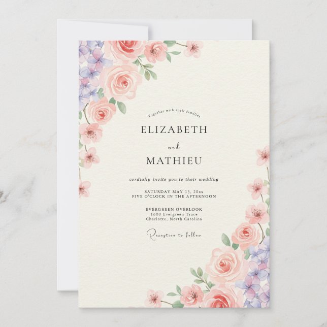 Invitación Boda de peonía violeta rosada (Anverso)