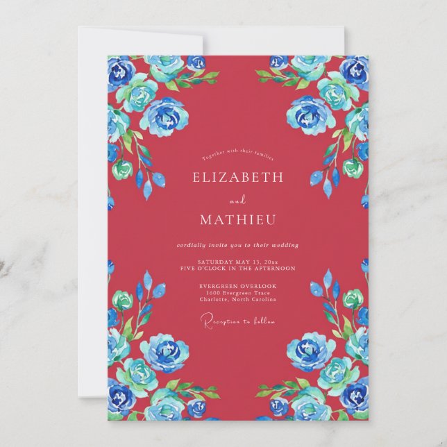 Invitación Boda de Peonía Zafiro Carmesí (Anverso)
