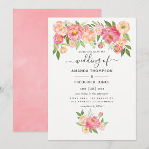 Invitación Boda de peonías acuarela rosa pastel