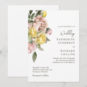 Invitación Boda de peonías amarillas y rosadas con acuarela m