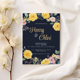 Invitación Boda de peonías azul marino de menta rosa amarillo