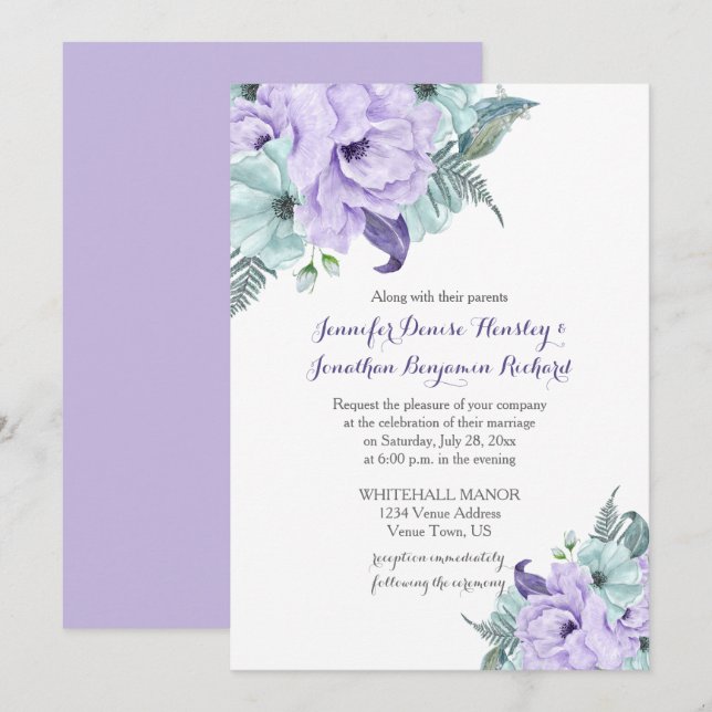 Invitación Boda de peonías de agua de lavanda y de menta (Anverso / Reverso)