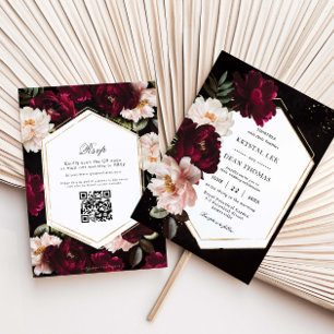 Invitación Boda de peonías de tono burgundy oscuro con respue
