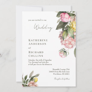 Invitación Boda de peonías elegantes rosa y amarillo