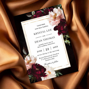 Invitación Boda de peonías florales de borgoña negra temperam