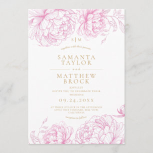 Invitación Boda de peonías rosadas elegantes