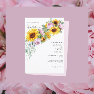 Invitación Boda de peonías rosadas en acuarela y girasoles