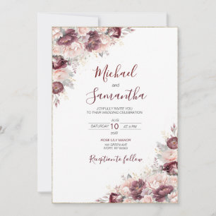 Invitación Boda de Peonías y Rosas con Toque de Borgoña