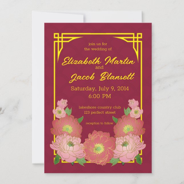 Invitación Boda de Peonies Rosados Chinos (Anverso)