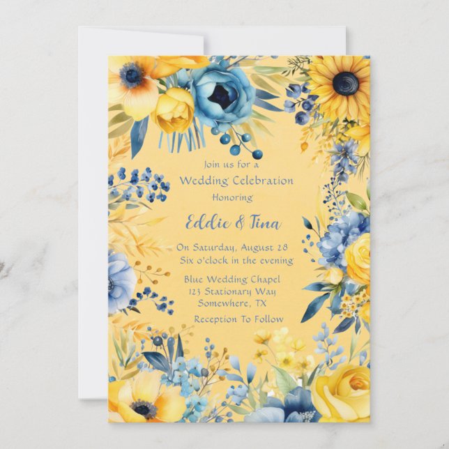 Invitación Boda de Peony de color azul amarillo (Anverso)