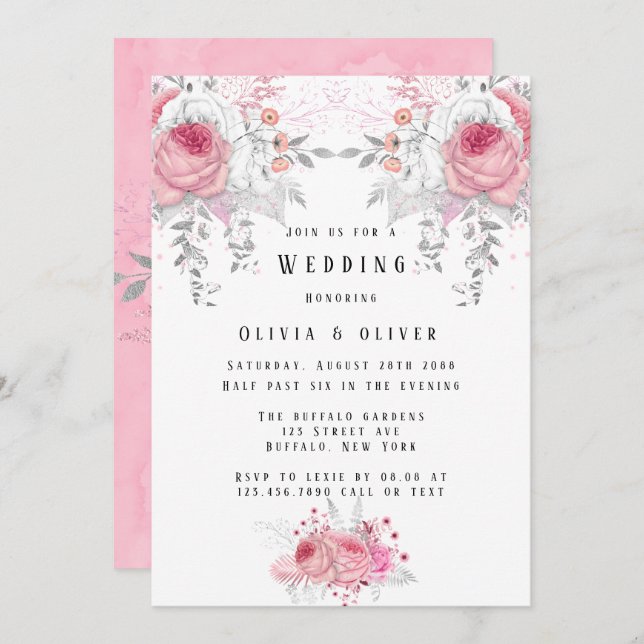 Invitación Boda de Peony Florals Rosa y Plata (Anverso / Reverso)