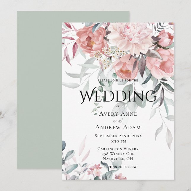 Invitación Boda de Peony Greenery de color de agua rosa (Anverso / Reverso)