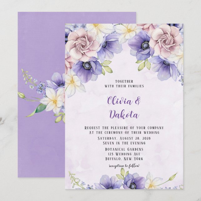 Invitación Boda de Peony Moda Floral Violeta Púrpura (Anverso / Reverso)