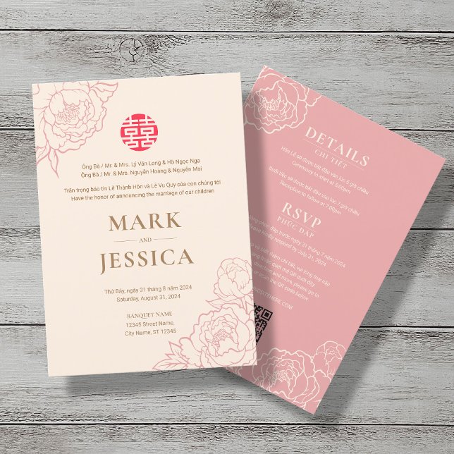 Invitación Boda de Peony Song Hy de Vietnam bilingüe (FRONT & BACK)