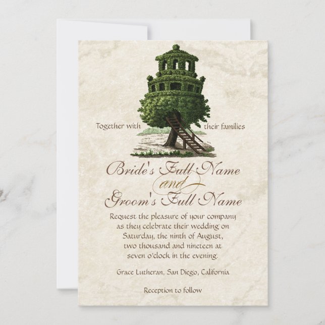 Invitación Boda de pergamino anticuado de la Casa de los Árbo (Anverso)