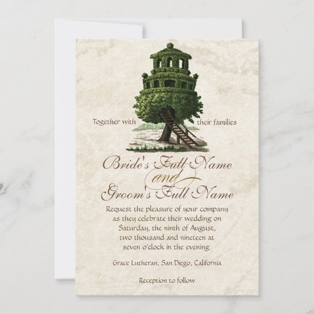 Invitación Boda de pergamino anticuado de la Casa de los Árbo (Anverso)
