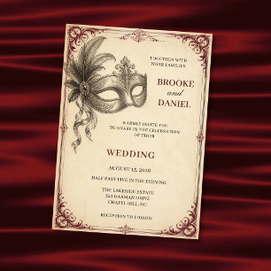 Invitación Boda de pergamino antiguo con máscara de plumas vi