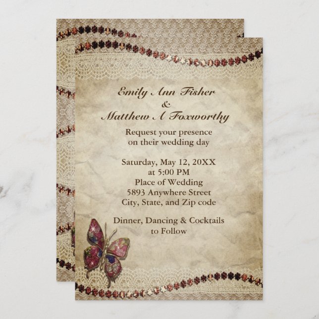 Invitación Boda de pergamino antiguo, encaje, cuentas y marip
