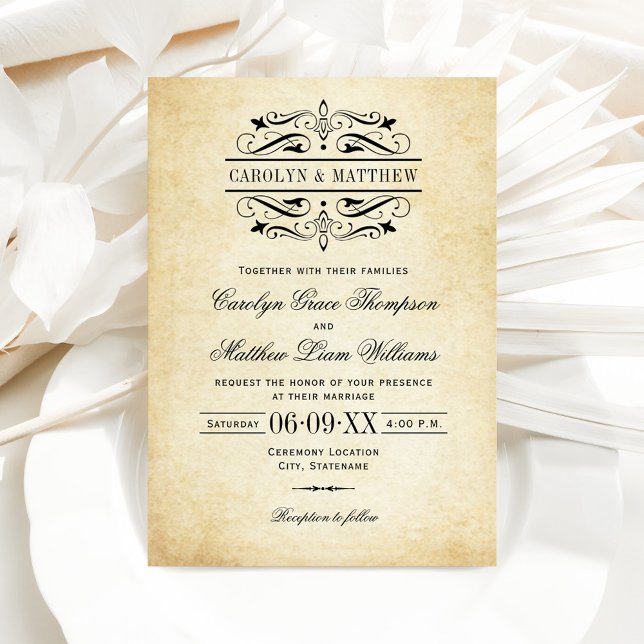 Invitación Boda de pergamino de flor negro rústico vintage (Subido por el creador)