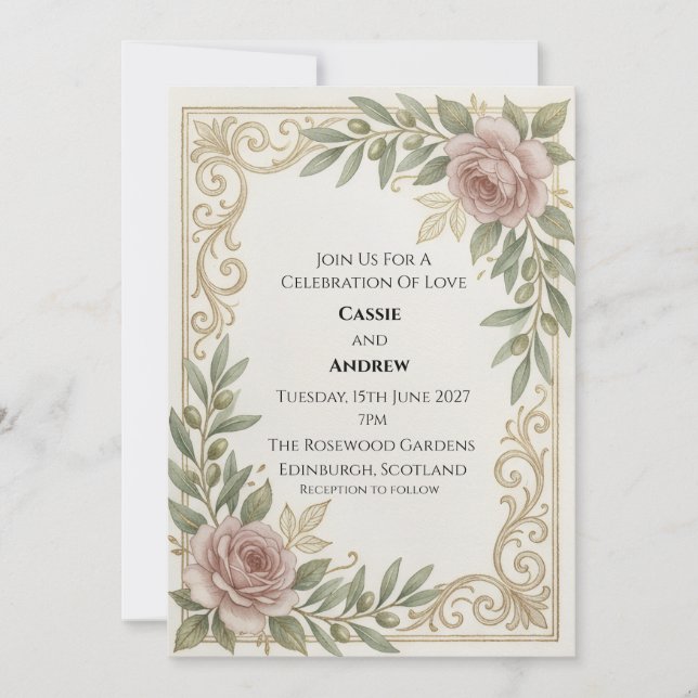 Invitación Boda de pergamino de oro rosa (Anverso)