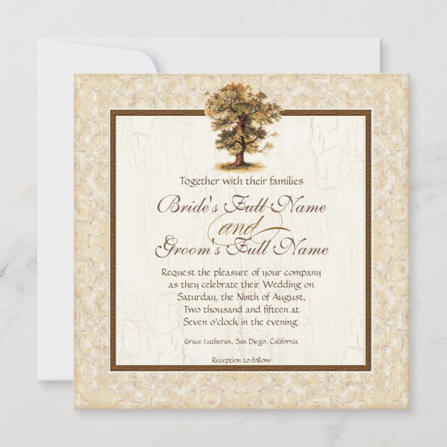 Invitación Boda de pergamino de raíces de roble otoñal (Anverso)