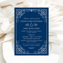 Boda de pergamino ornamentado de azul marino y bla