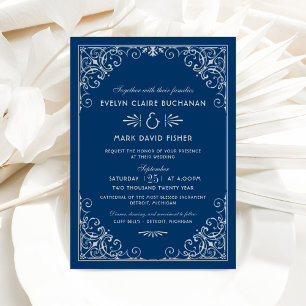 Invitación Boda de pergamino ornamentado de azul marino y bla